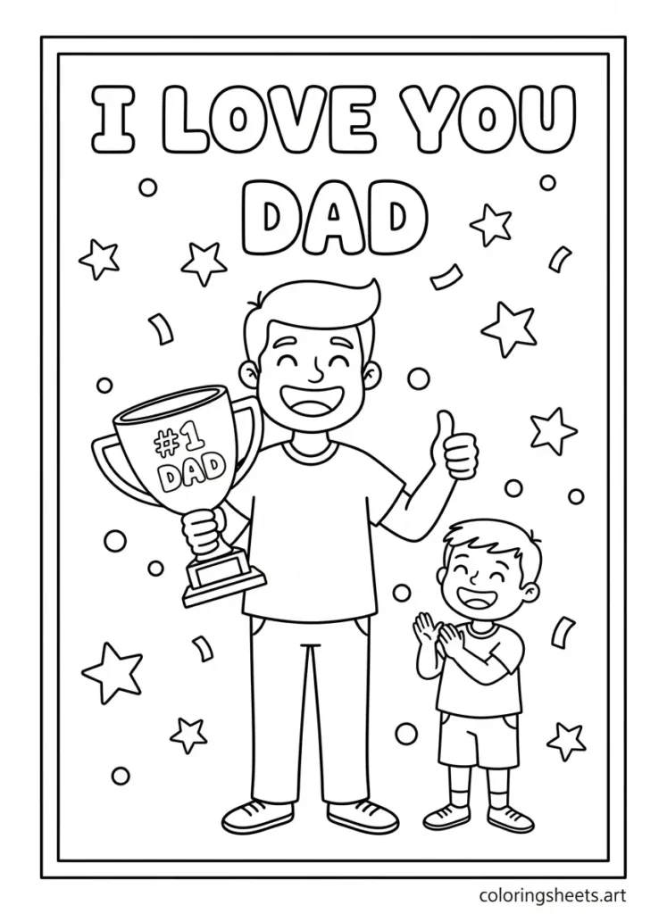 Dad holding a Number 1 Dad trophy I Love You Dad coloring page for kids