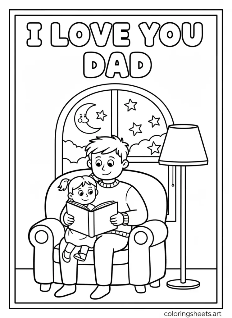 Dad reading a bedtime story to child I Love You Dad coloring page for kids