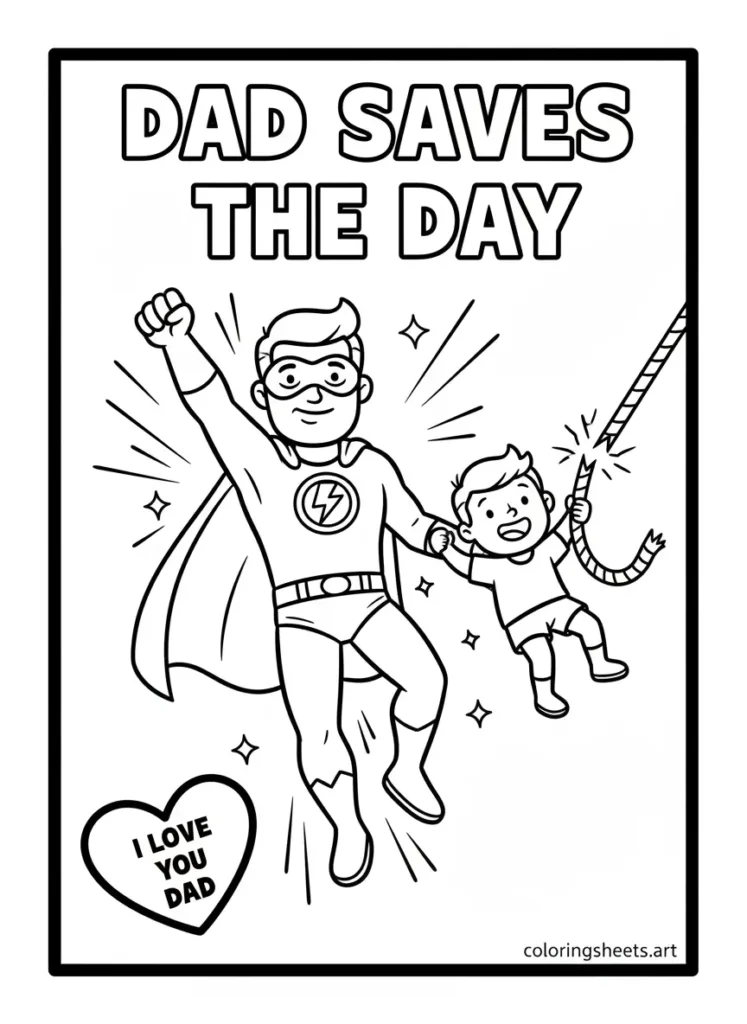 Dad saves the day superhero I Love You Dad coloring page for Father's Day