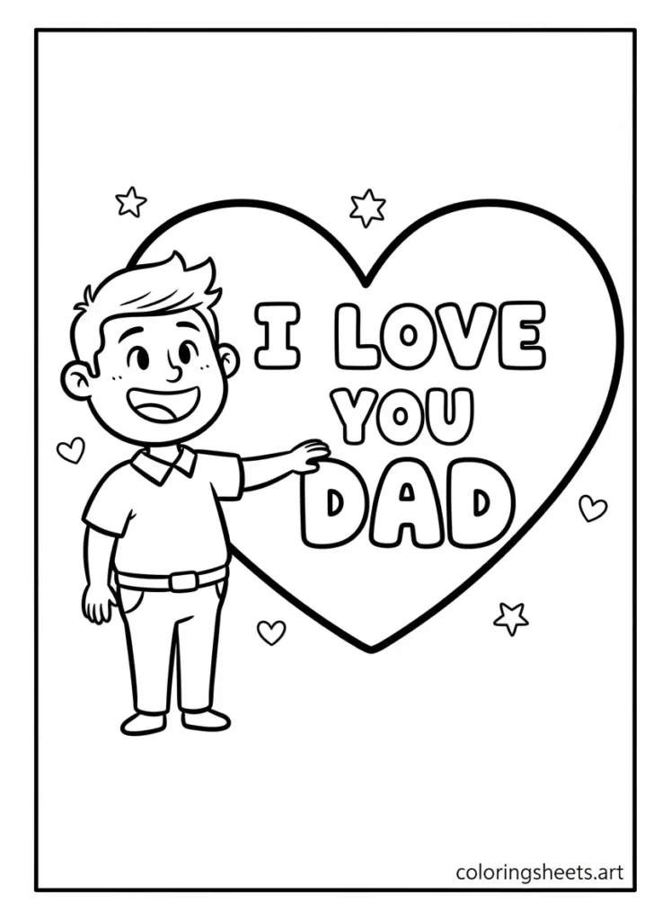 Dad standing next to I Love You Dad heart coloring page for Father's Day