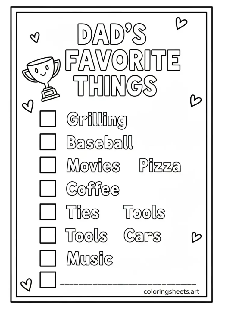 Dad's favorite things checklist coloring page for kids