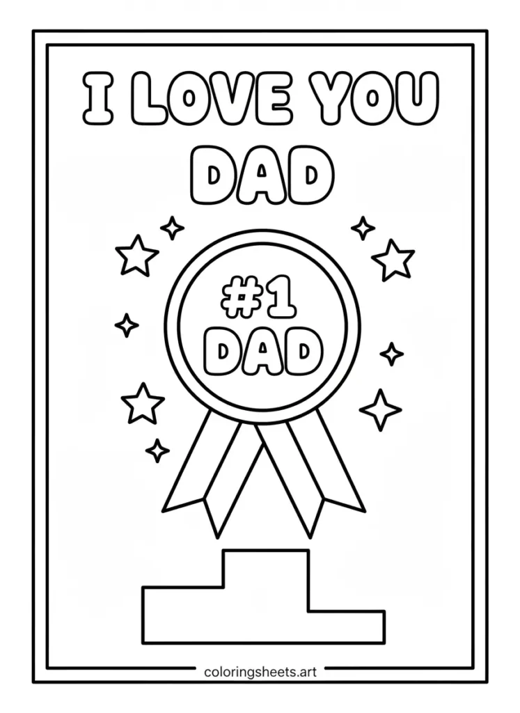 Gold medal for Dad I Love You Dad coloring page for kids