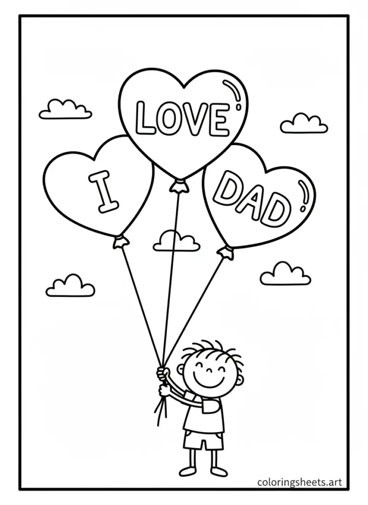 Heart balloons I Love You Dad coloring page for kids free printable PDF