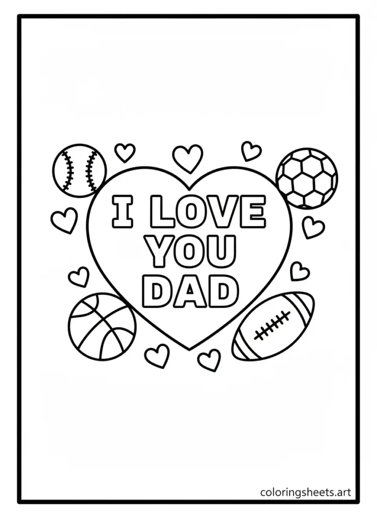 I Love You Dad heart with sports balls coloring page for Father's Day