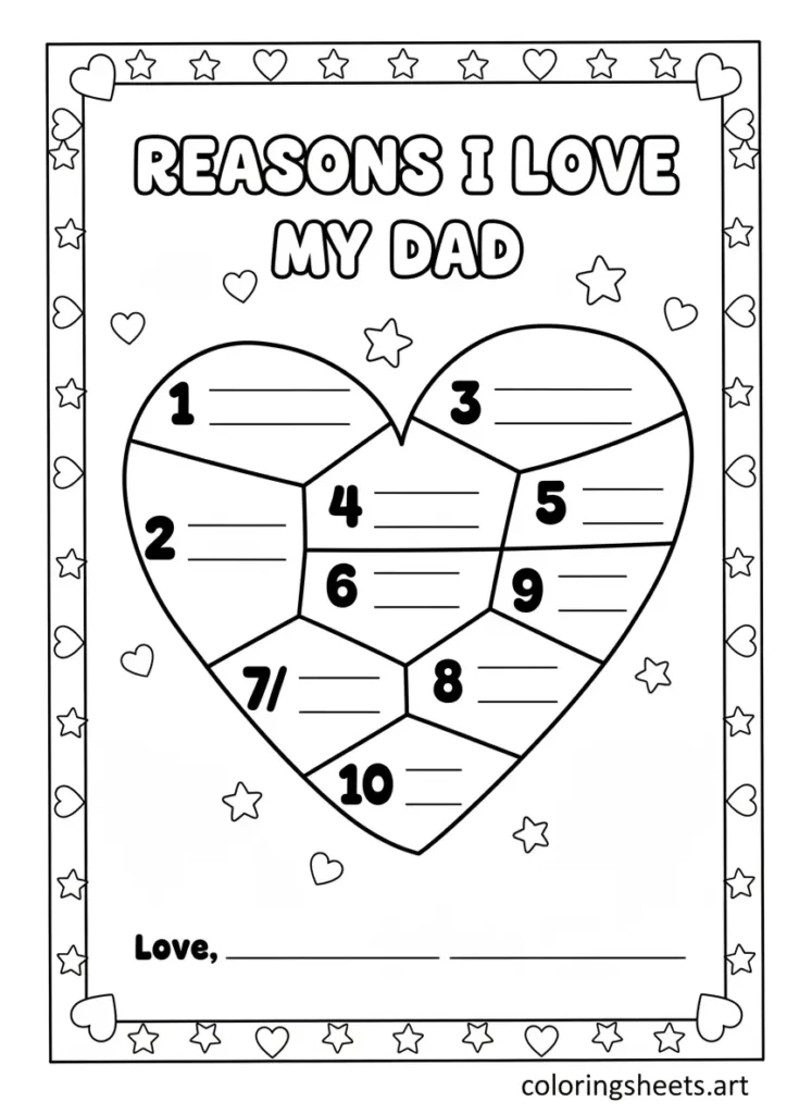 10 Reasons I Love My Dad list coloring page for kids