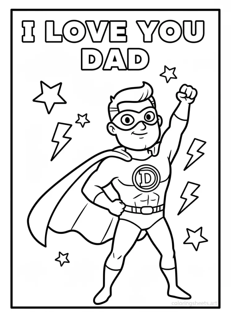 Super Dad with cape and mask I Love You Dad coloring page for kids