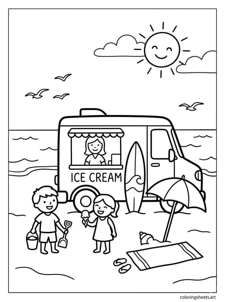 Summer ice cream truck at the beach coloring page free printable