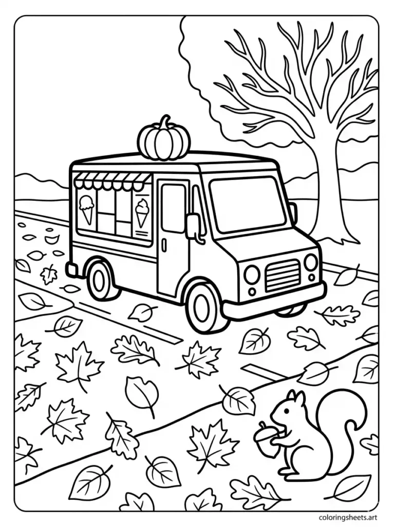 Autumn ice cream truck with falling leaves coloring page for kids