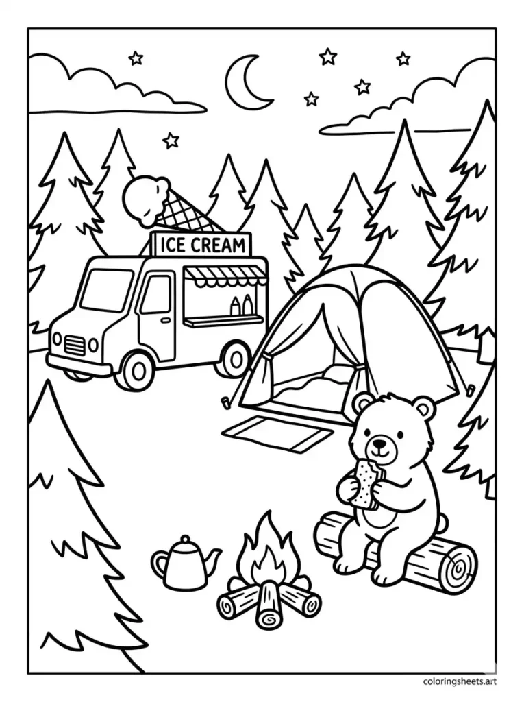 Ice cream truck in camping forest coloring page for kids