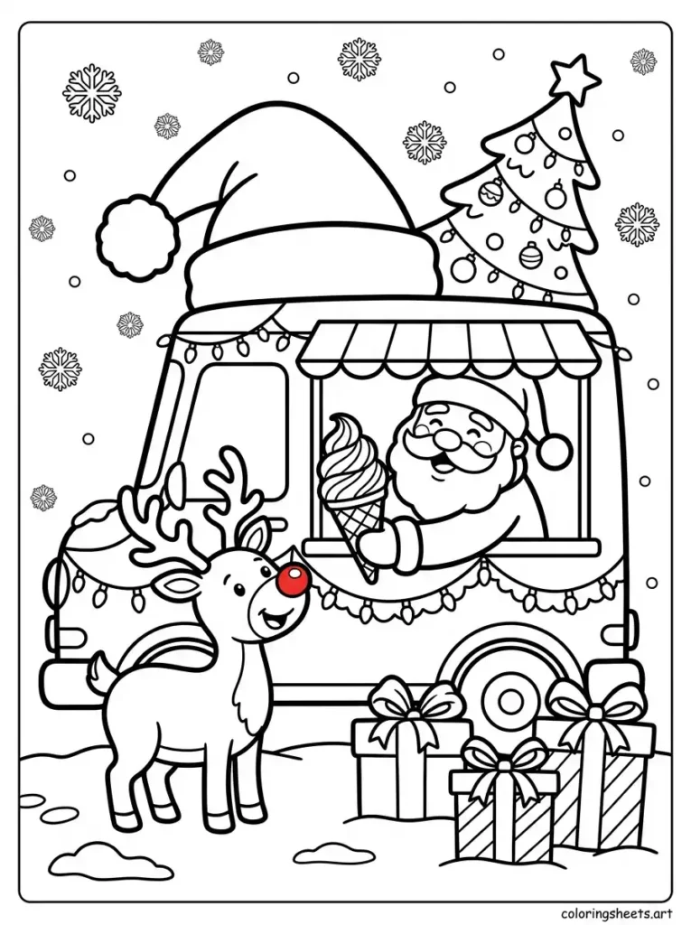 Christmas ice cream truck with Santa and reindeer coloring page for kids