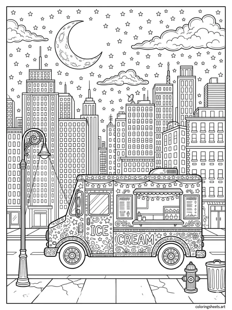 Cityscape night ice cream truck coloring page for teens