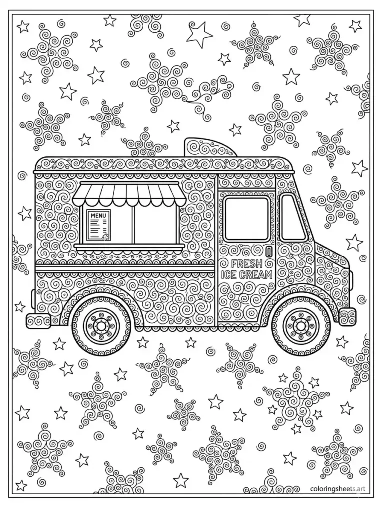 Decorative swirl ice cream truck coloring page for adults