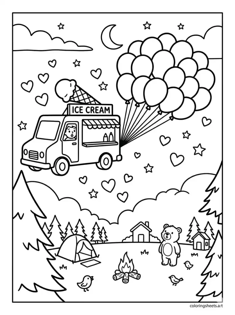 Ice cream truck floating with colorful balloons coloring page for kids