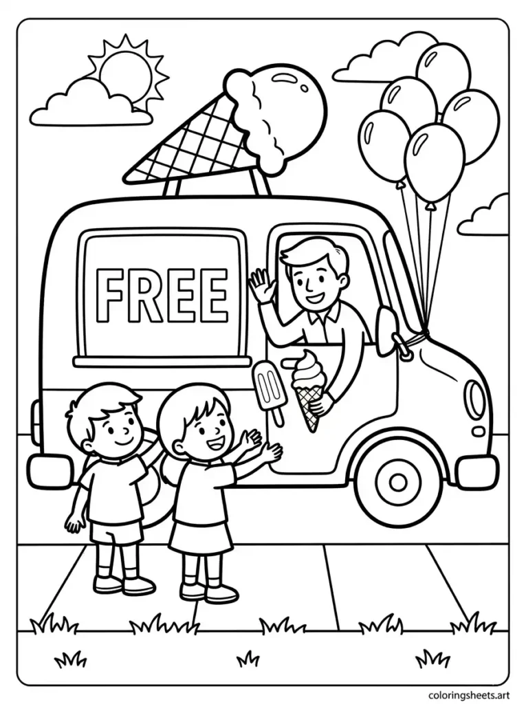 Ice cream truck handing out free treats coloring page for kids