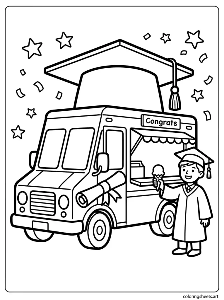 Graduation ice cream truck with cap and diploma coloring page for kids