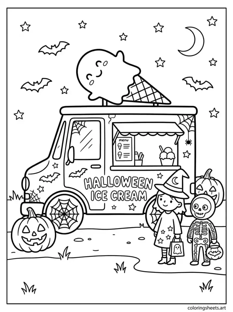 Halloween ice cream truck with ghost and pumpkins coloring page for kids