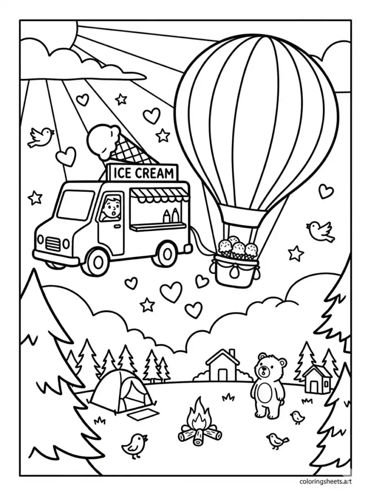 Ice cream truck hot air balloon coloring page for kids