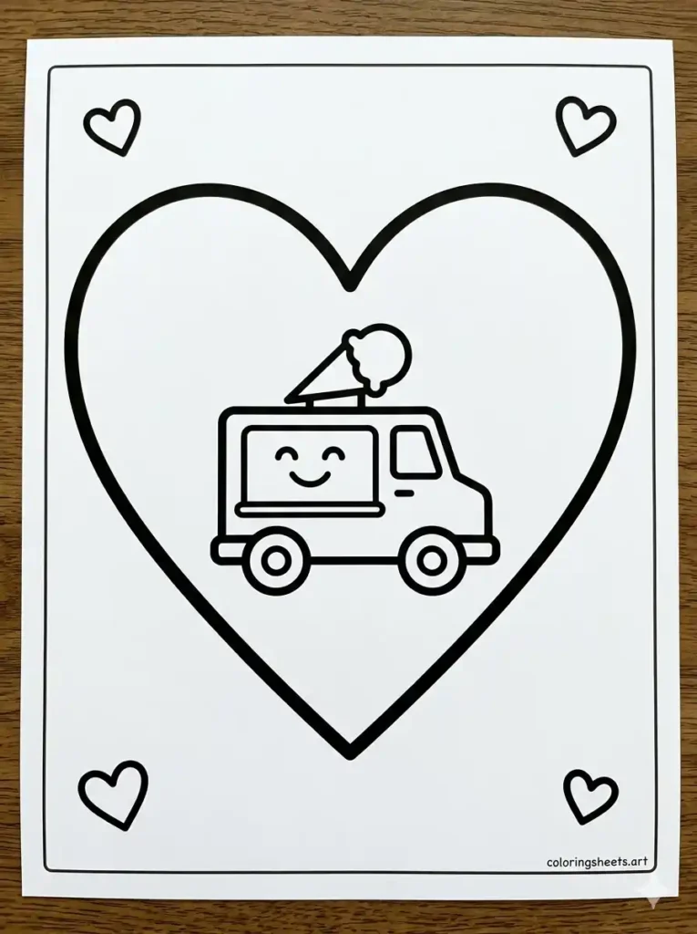 Ice cream truck inside a big heart for toddlers coloring page