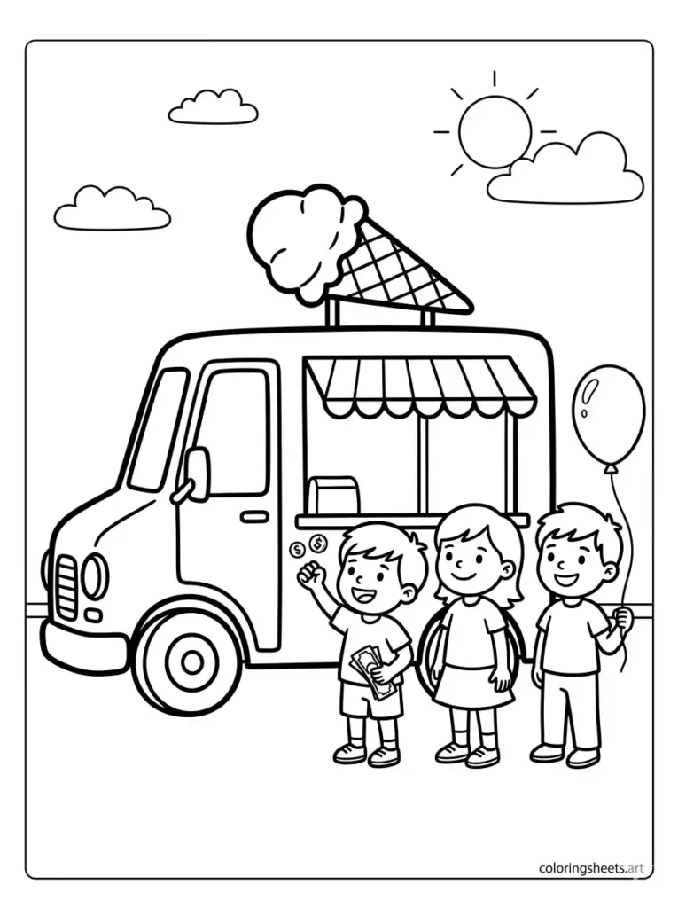 Kids lining up at ice cream truck coloring page for kids