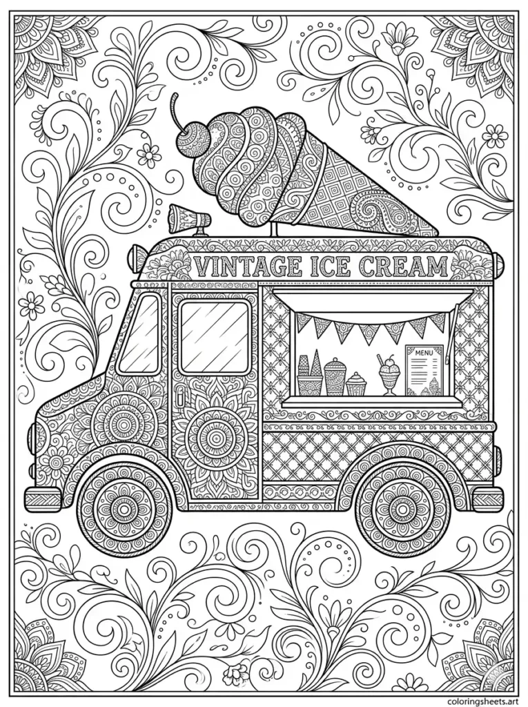 Mandala ice cream truck coloring page for adults detailed