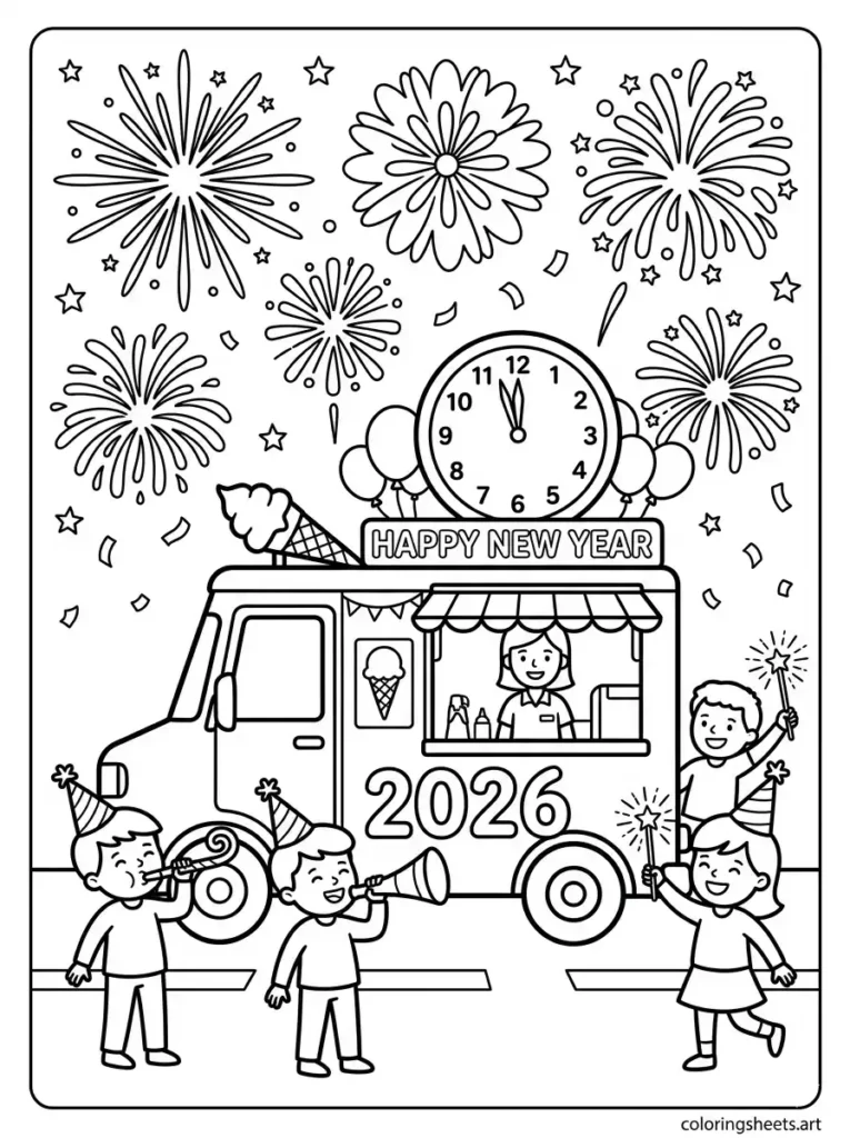 New Year ice cream truck with fireworks coloring page for kids