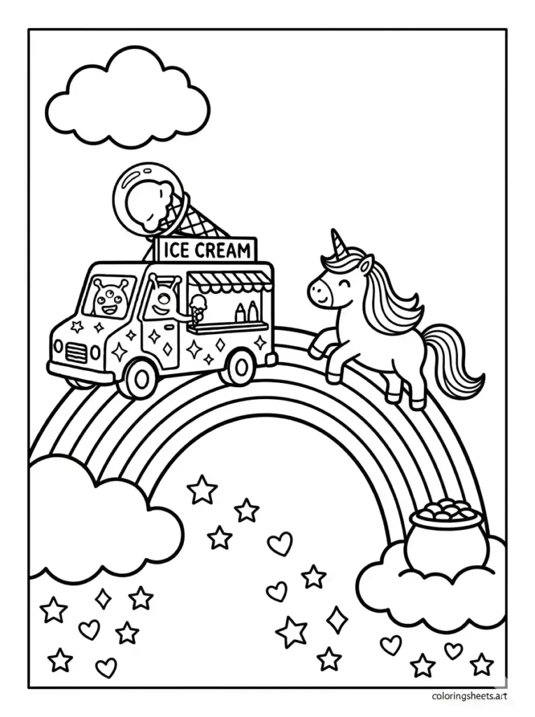 Ice cream truck crossing a rainbow bridge coloring page for kids