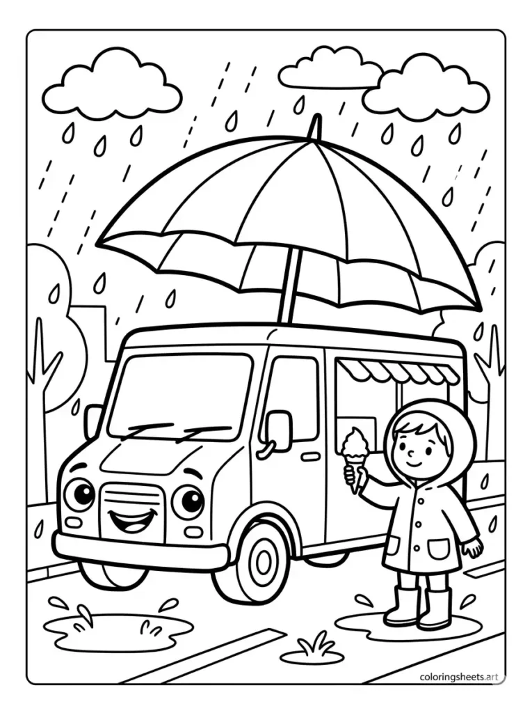 Rainy day ice cream truck with big umbrella coloring page for kids