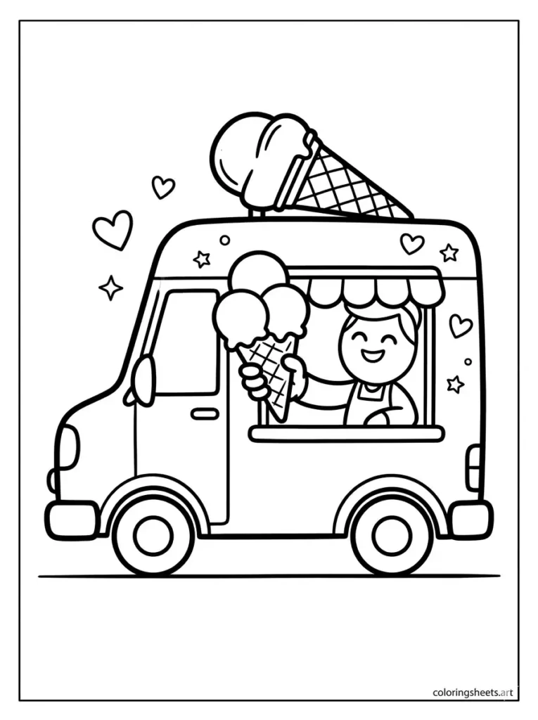 Ice cream truck serving a big cone coloring page for kids