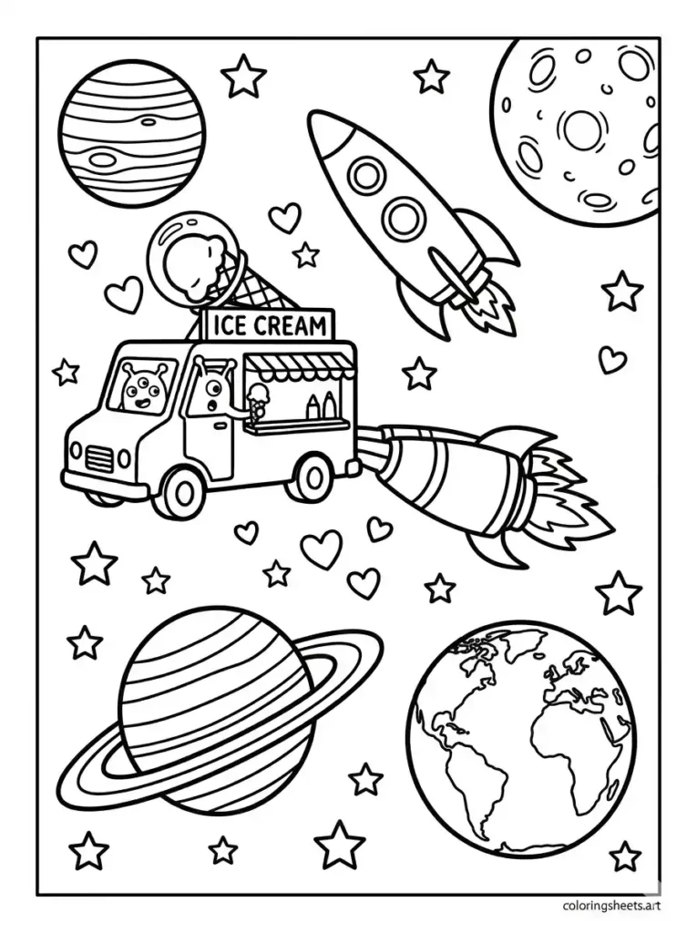 Space ice cream truck in outer space coloring page for kids
