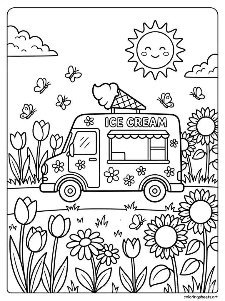 Spring flower ice cream truck in blooming garden coloring page for kids