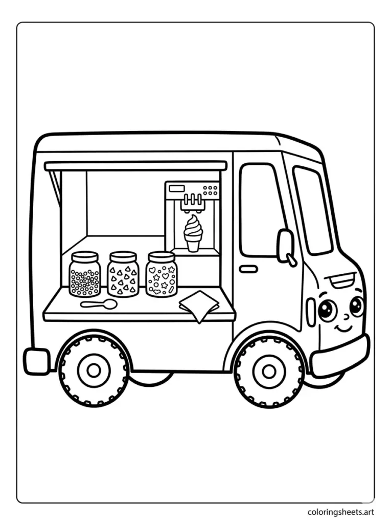 Ice cream truck with toppings station coloring page for kids