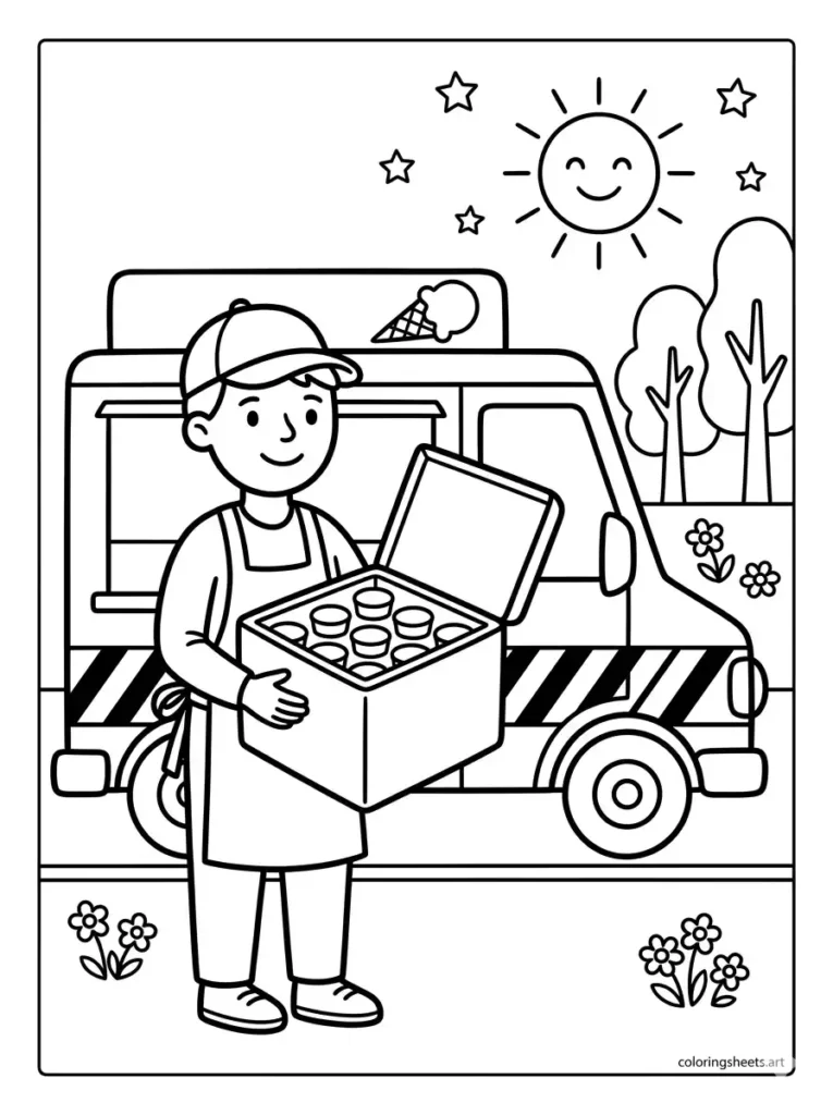 Ice cream truck worker holding ice cream box coloring page for kids