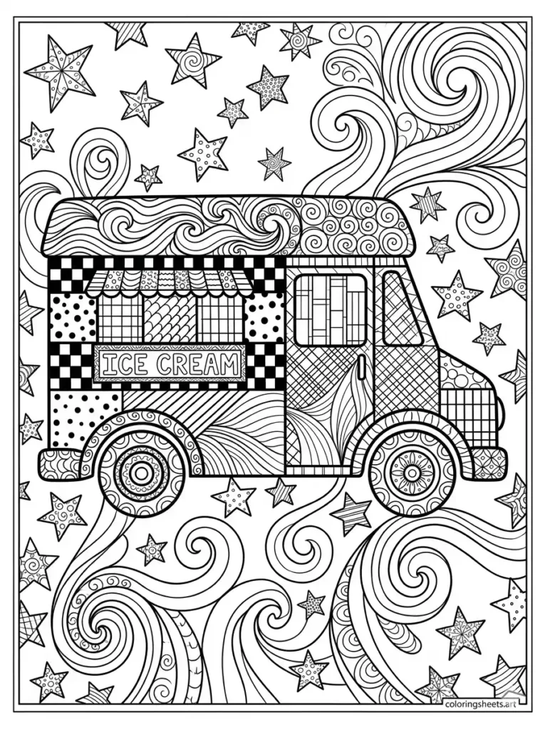Zentangle pattern ice cream truck coloring page for teens