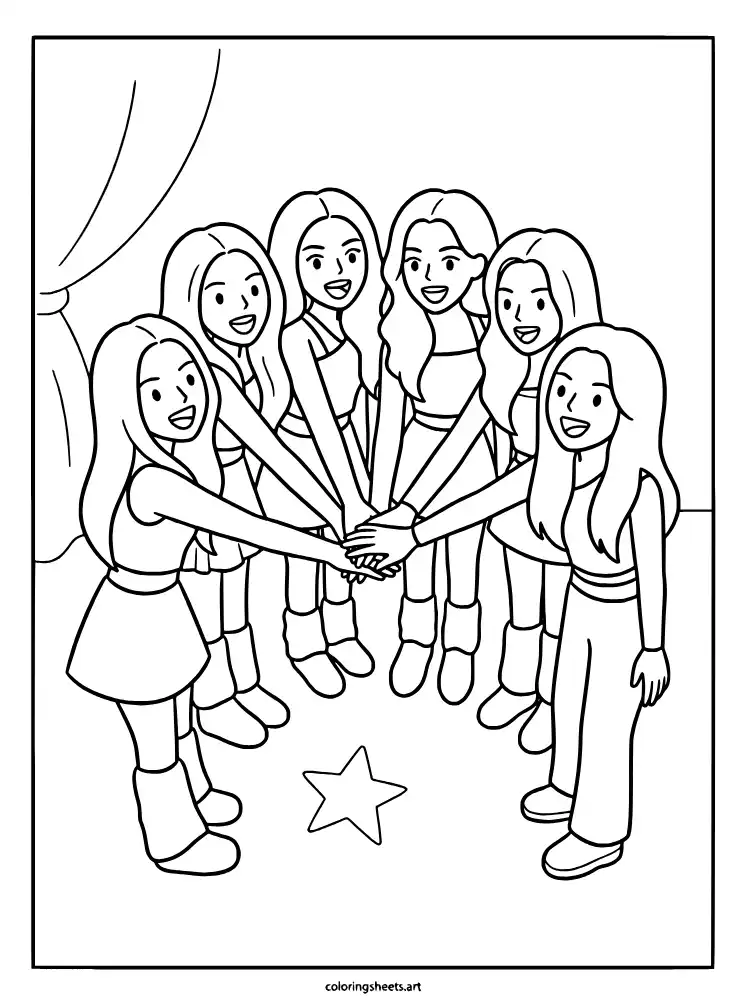 Backstage team huddle KATSEYE coloring pages free download