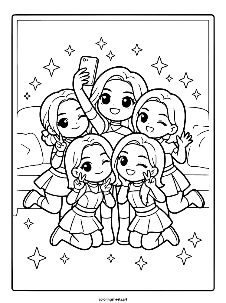 Super cute chibi group selfie KATSEYE coloring page free printable