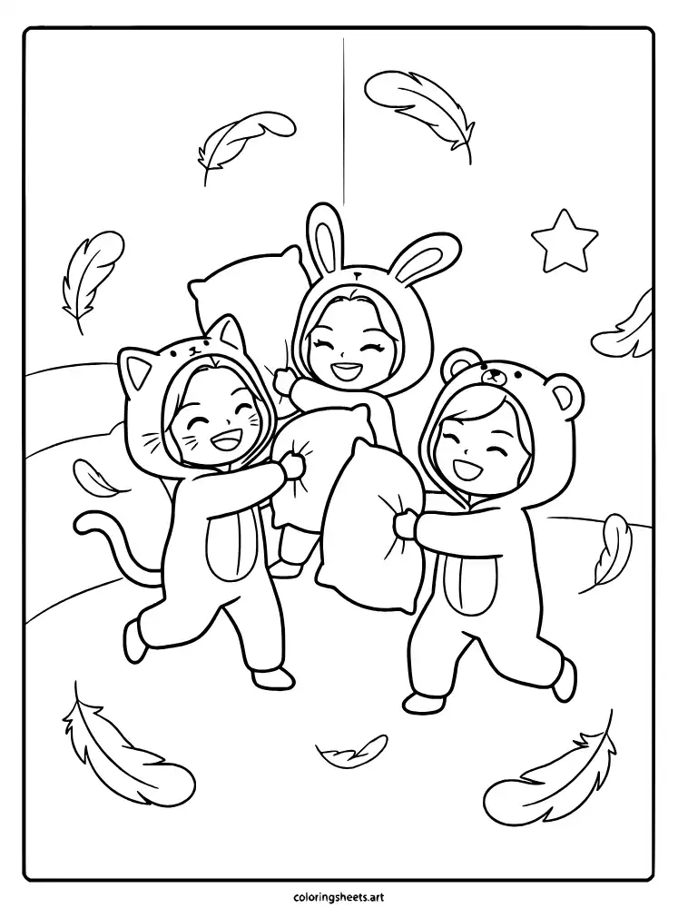 Chibi pajama pillow party KATSEYE printable PDF coloring sheet