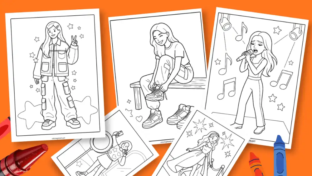 KATSEYE coloring pages free printable collection featuring member outfits, dance poses, and stage performances
