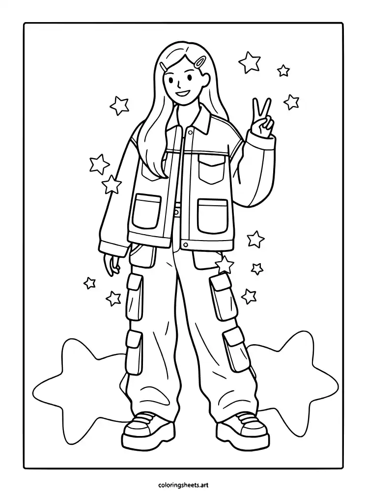 Y2K denim fashion KATSEYE coloring page free printable
