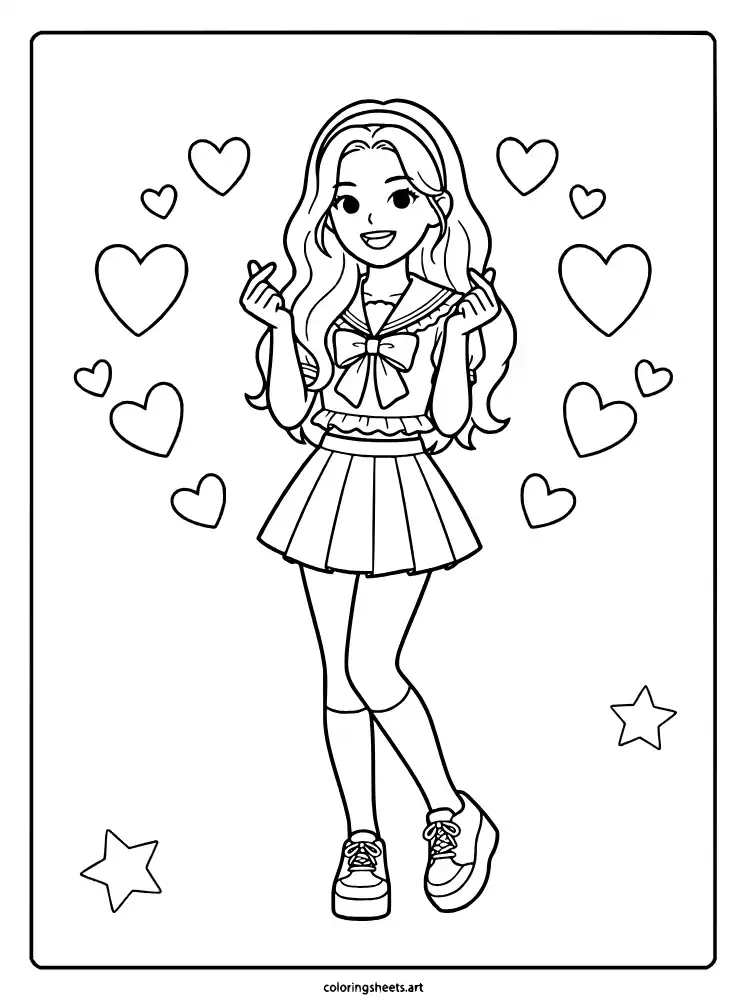 Yoonchae cute heart pose KATSEYE coloring pages free download