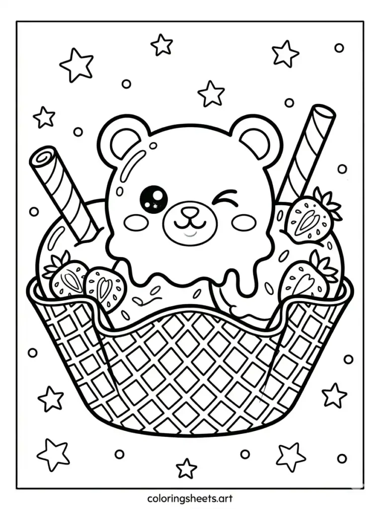 Kawaii bear waffle sundae printable PDF for adults