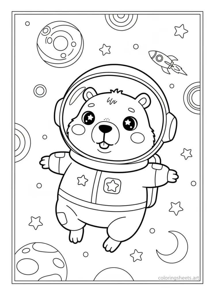 Kawaii capybara dressed as an astronaut floating in outer space coloring page