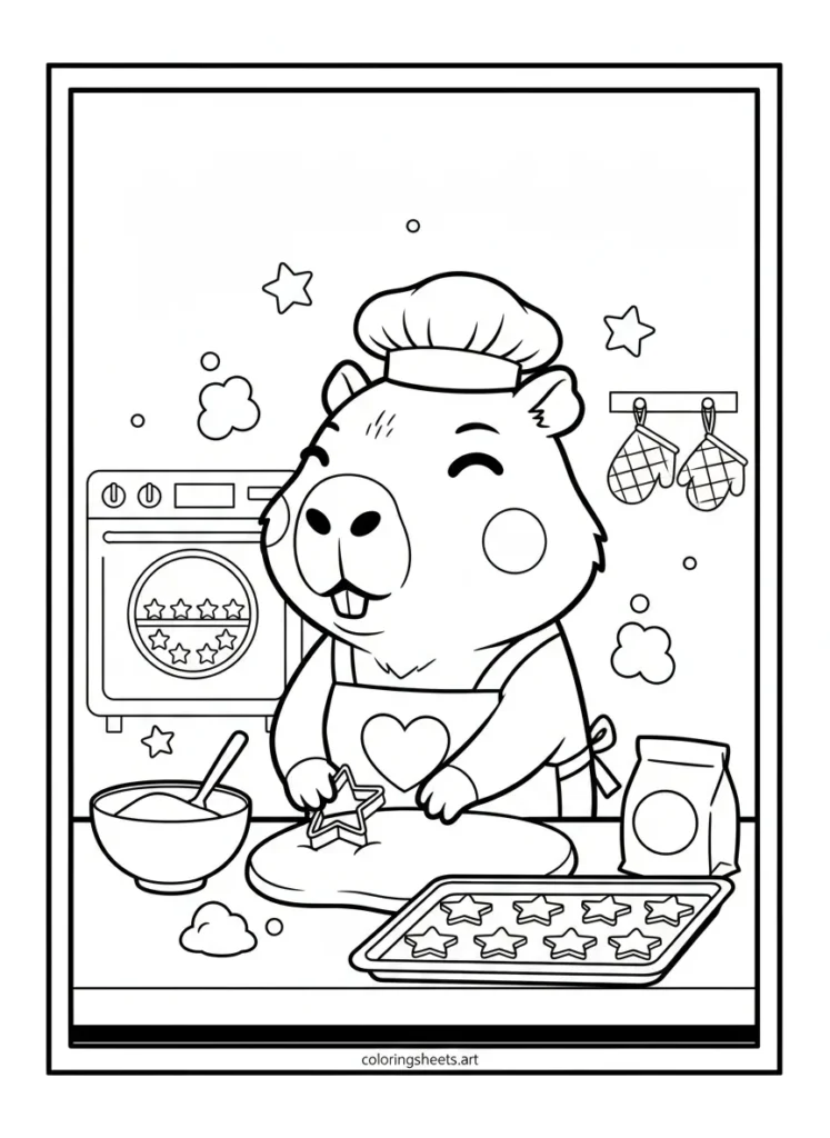 Kawaii capybara baking star-shaped cookies in an adorable tiny kitchen coloring page