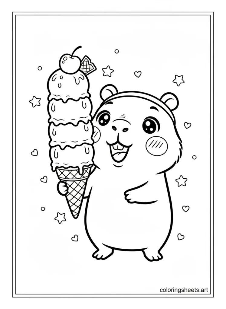 Kawaii capybara wearing a bear ears headband holding a tall ice cream coloring page