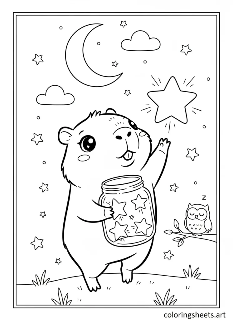 Kawaii capybara collecting glowing stars and putting them in a glass jar coloring page