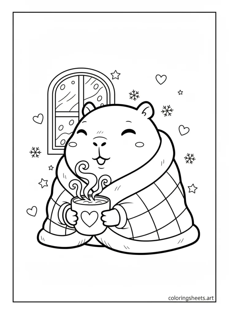 Kawaii capybara wrapped in a cozy blanket holding hot cocoa coloring page