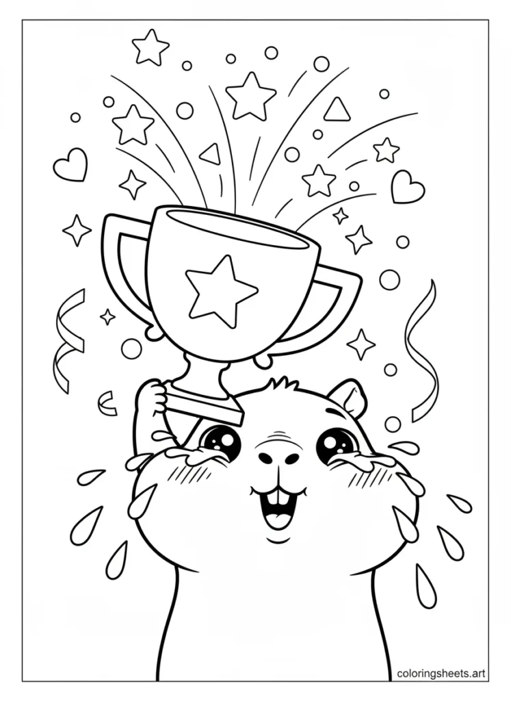 Kawaii capybara crying happy tears while holding a big shiny trophy coloring page