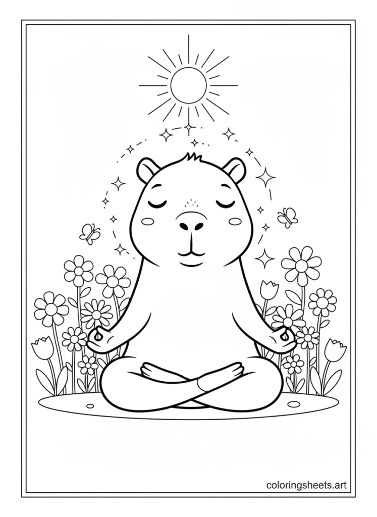 Kawaii capybara doing yoga peacefully in a beautiful field of flowers coloring page