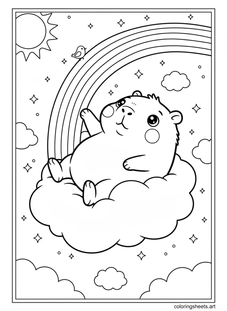 Kawaii capybara floating on a fluffy cloud holding a rainbow coloring page