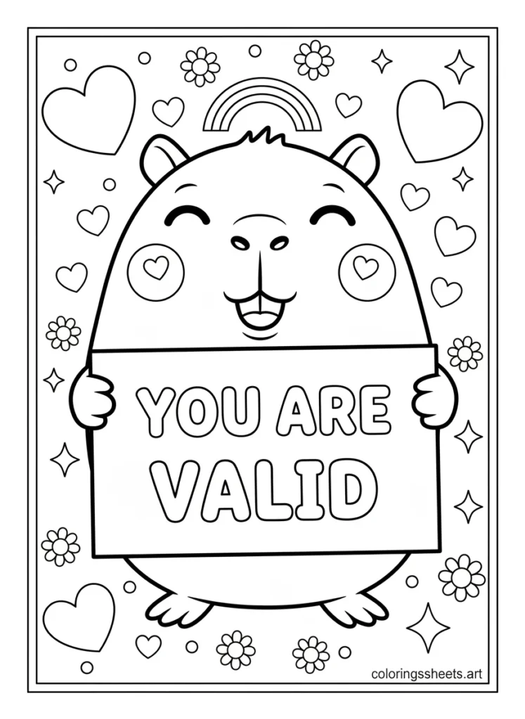 Kawaii capybara holding a big motivational sign that says you are valid coloring page