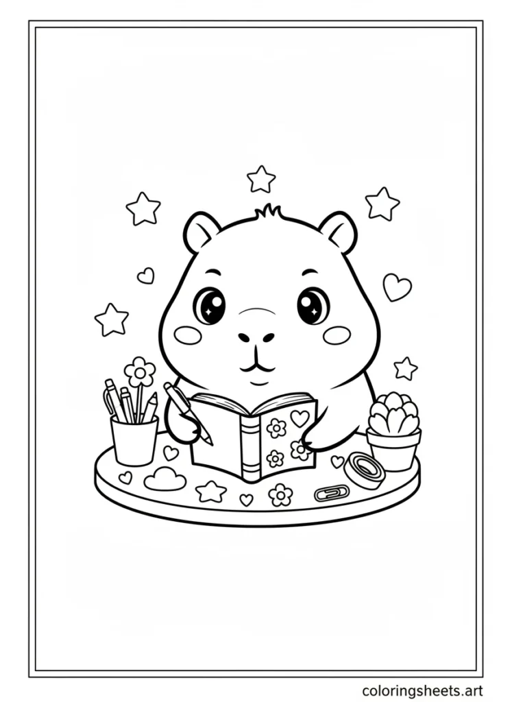 Kawaii capybara writing in a journal at a cute sticker-covered desk coloring page
